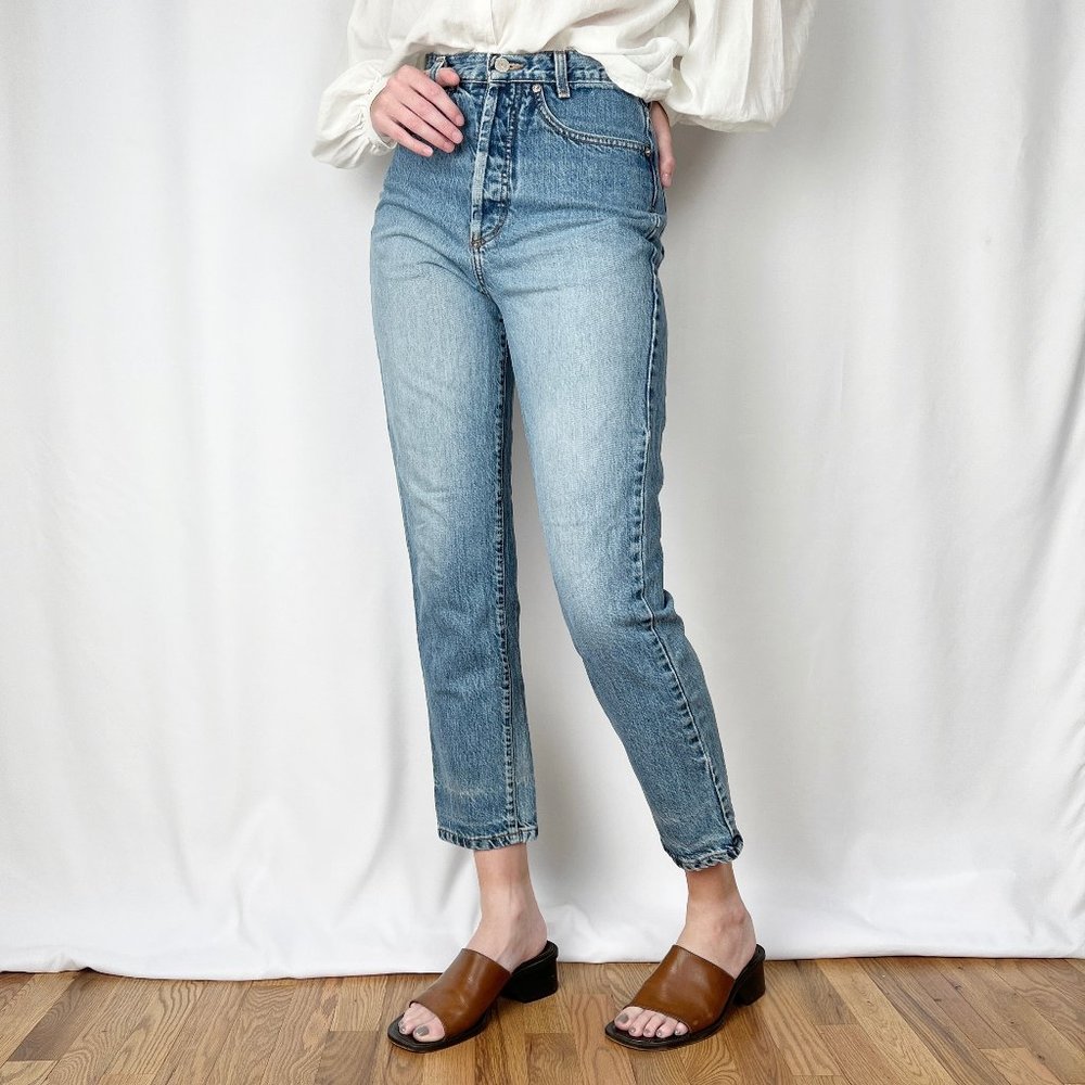 Vintage Button Fly High Rise Ribcage Straight Leg Relaxed Fit Faded Denim Jeans - Picture 1 of 8